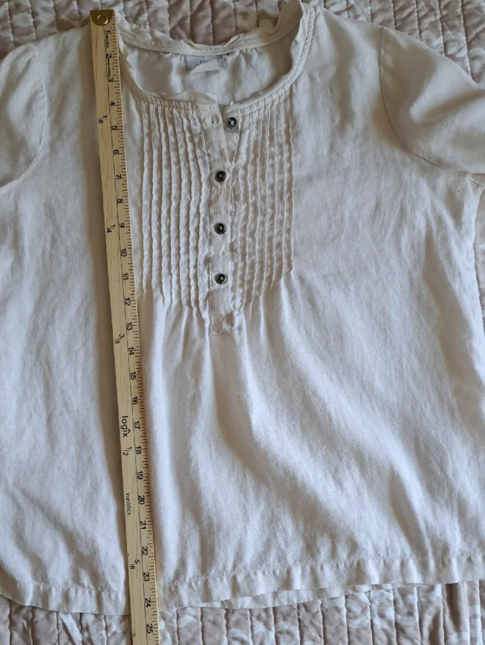 VTG Hot Cotton 100% Linen Cream Pintuck Henley Blouse Coastal Boho Lagenlook S